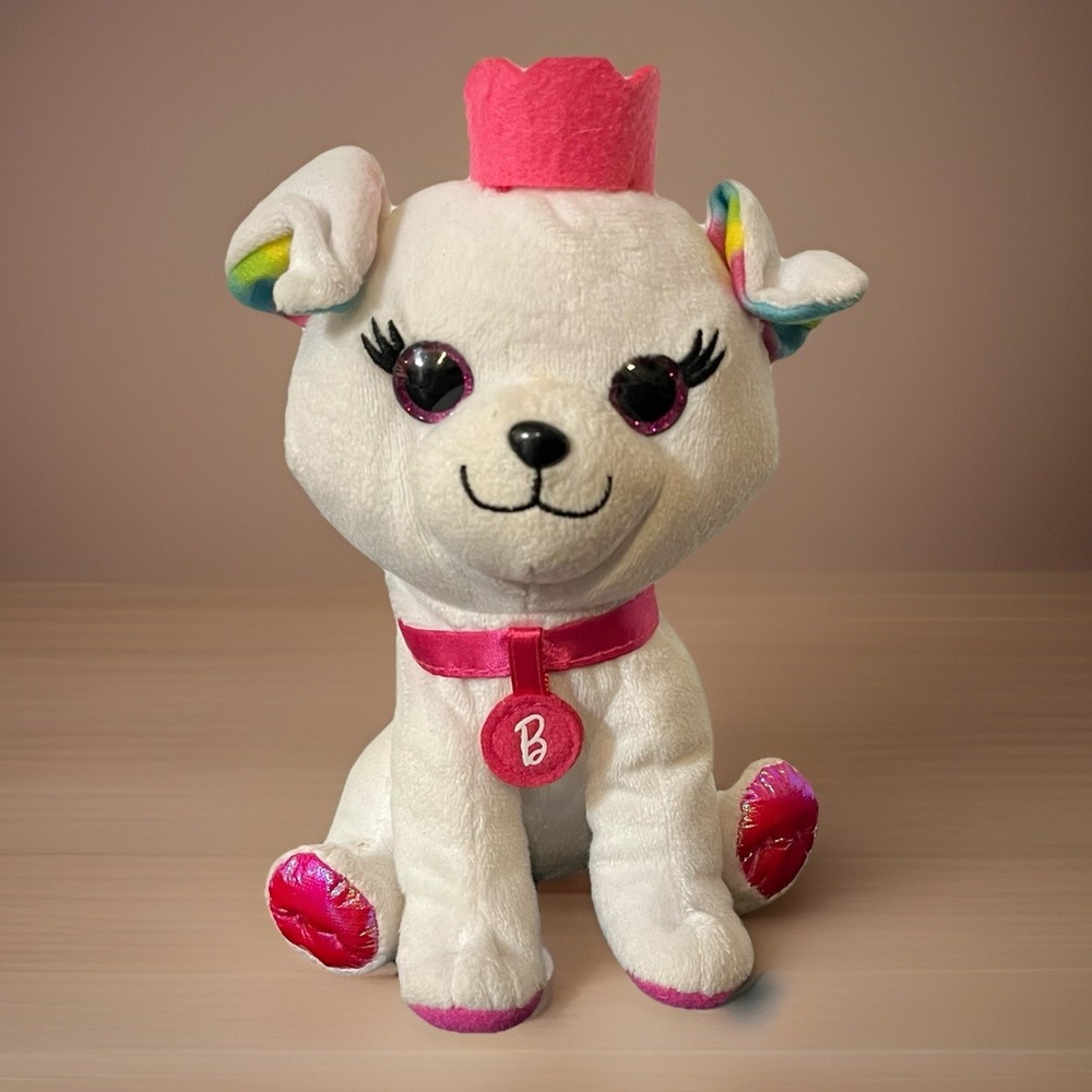 Mattel Barbie 2021 White Plush Dog Pink Collar Sparkle Eyes Puppy Stuffed Animal